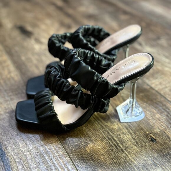 NEW Rampage Square Toe Ruched Heeled Sandals Black with Clear Heels Women's 6 - Picture 2 of 16